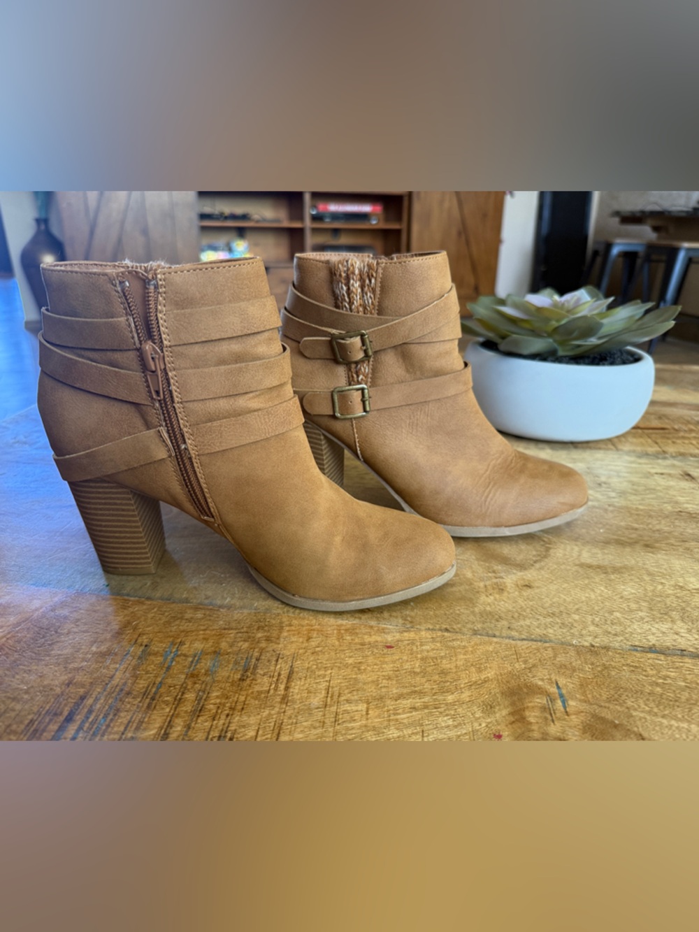 me too Cognac Buckle Strap Ankle Boots